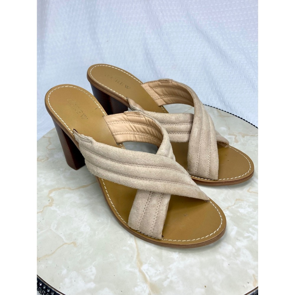 J. Crew Suede Crisscross Block Heel Sandals Womens 10.5 Beige Summer Chic Mules